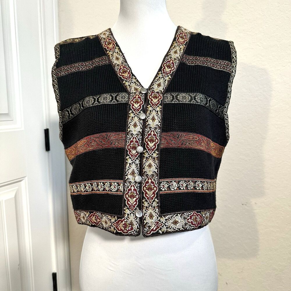 Vintage Liz Sport Womens Crochet Knit Ribbon Holiday Granny Sweater Vest Small